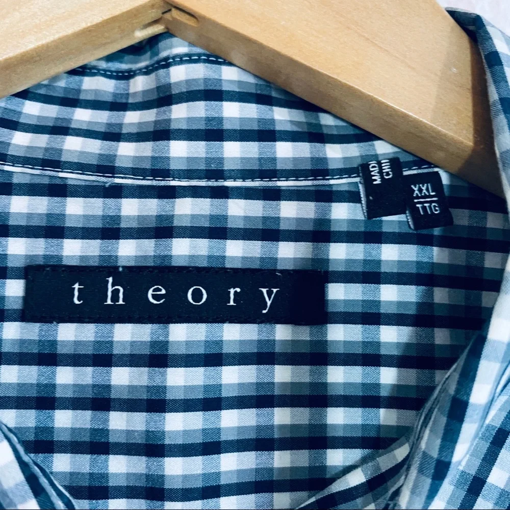 Theory Mens Zack PS Gressenhall Gingham Button Down Shirt XXL Navy Blue F0174518